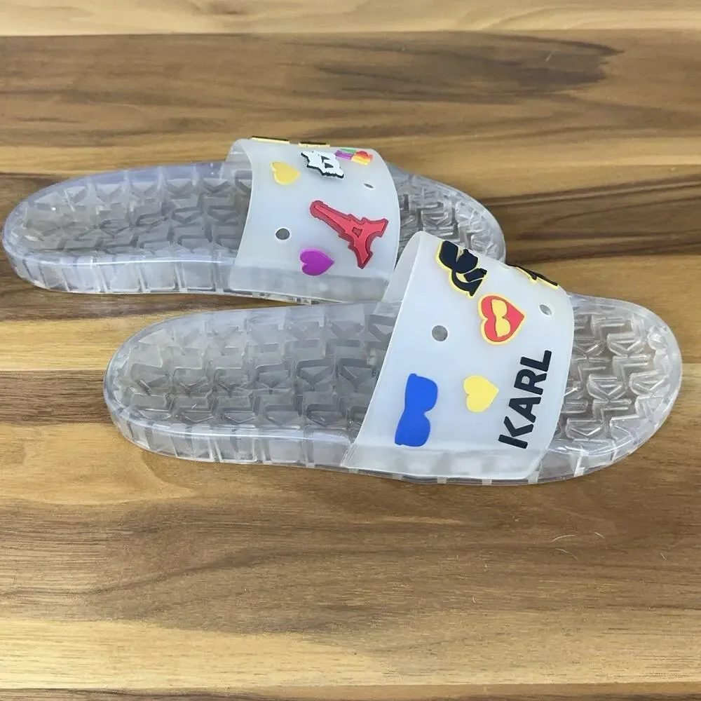 Karl Lagerfeld Paris Thea Clear Translucent Pool Slides Women's Size 9 Charms